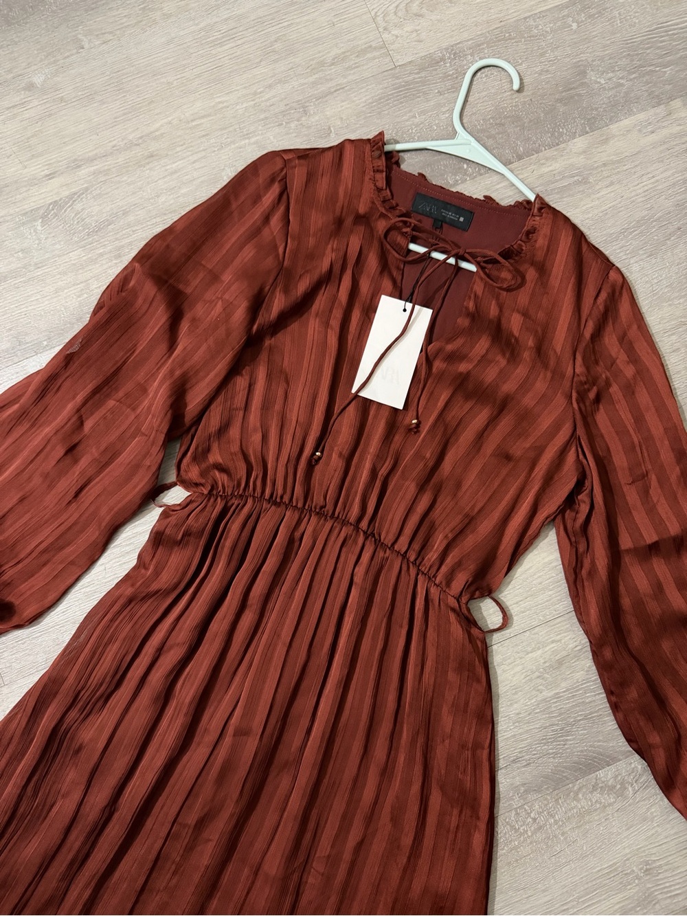 Zara Rust-Brown Striped Maxi Dress with Tie Neck - Picture 4 of 8